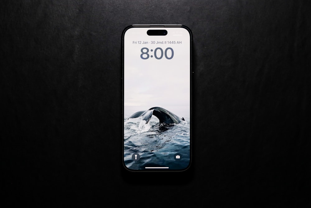水中のクジラの写真が入った携帯電話