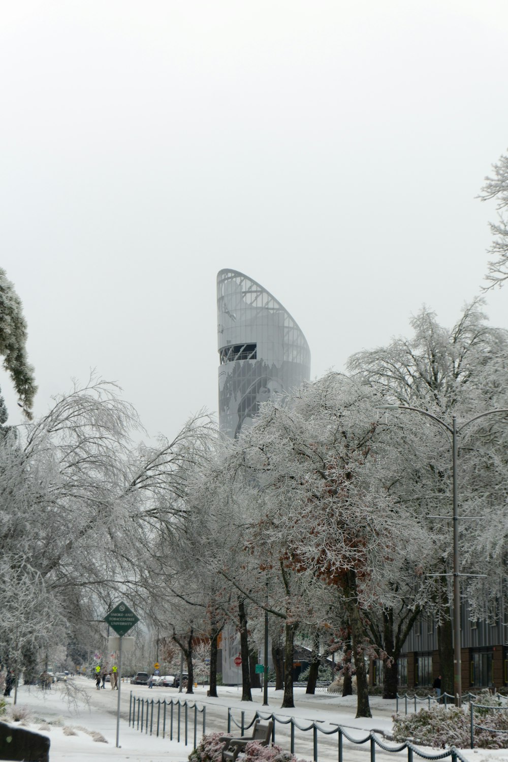 a snowy park with a building in the background