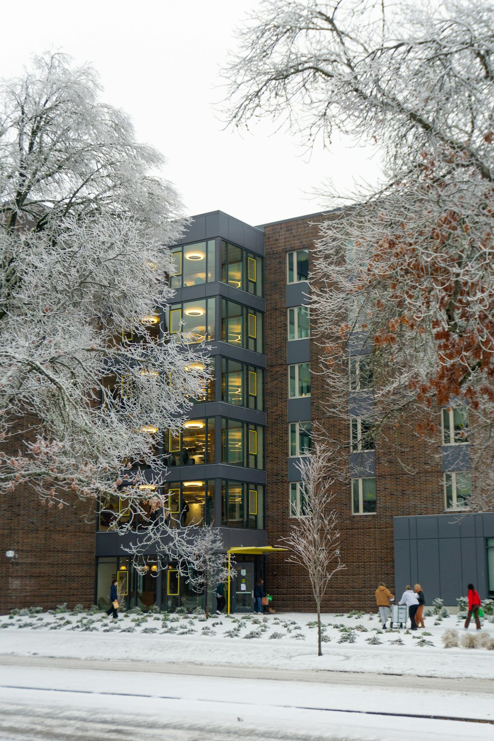 a building with a lot of windows and a lot of snow on the ground