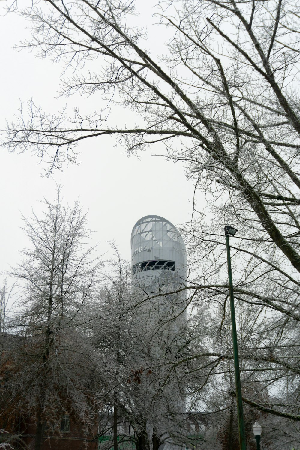 a very tall building sitting next to a bunch of trees