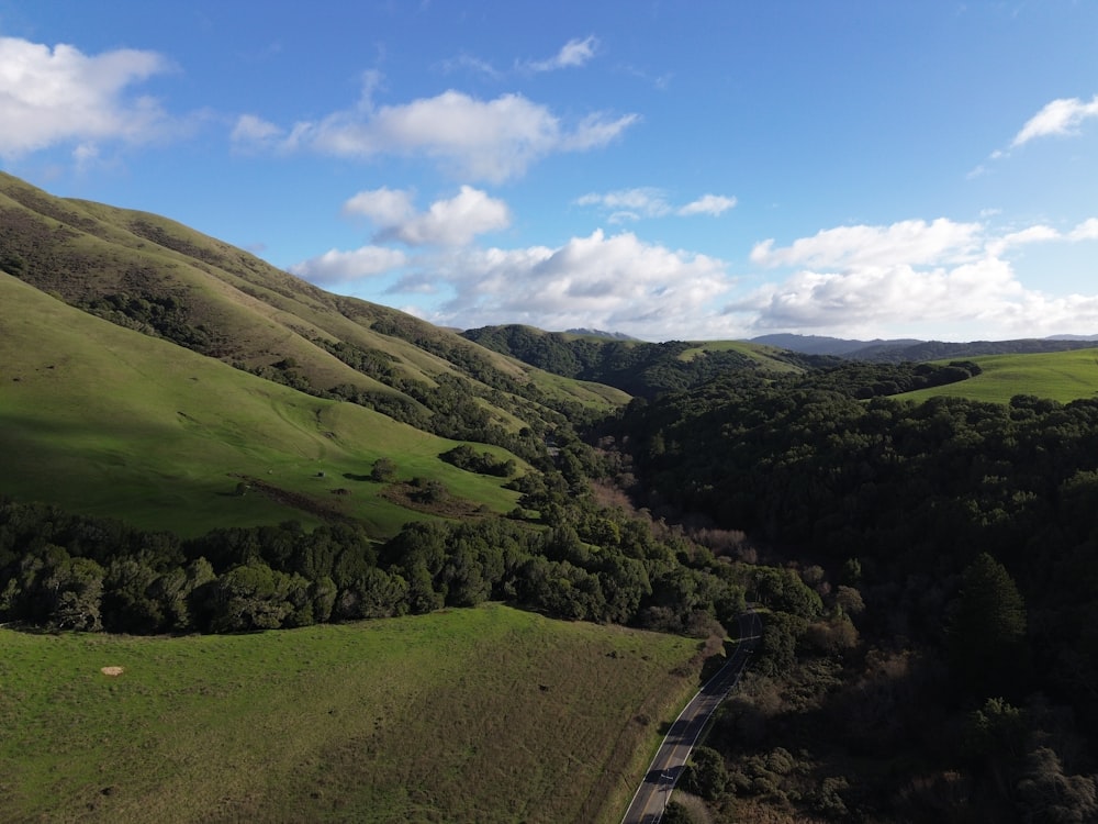 an aerial view of a lush green valley