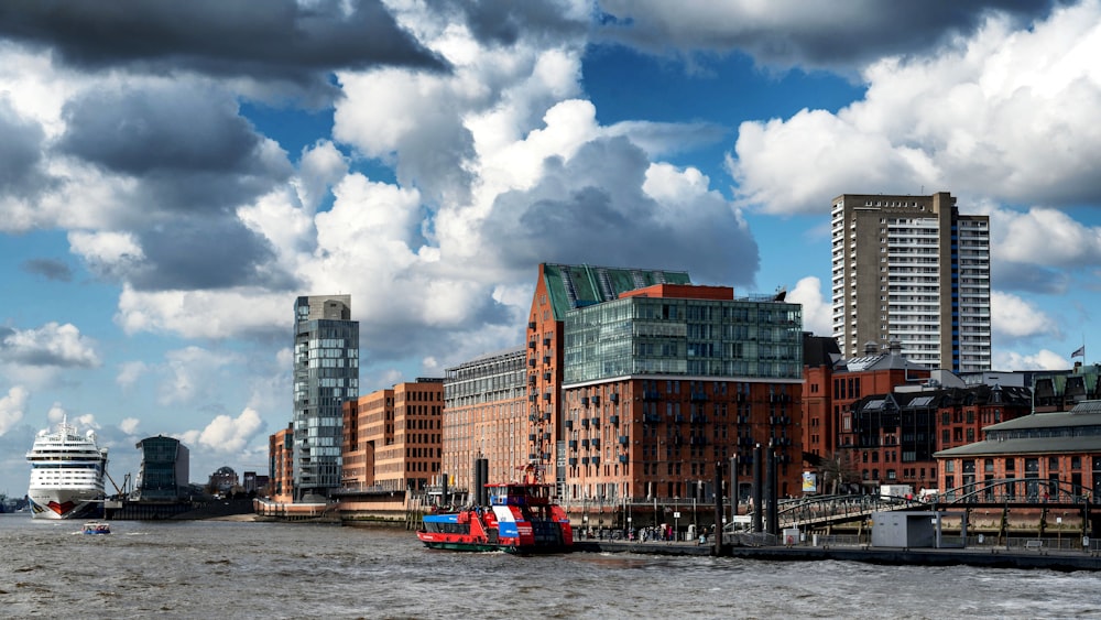 a large body of water next to tall buildings