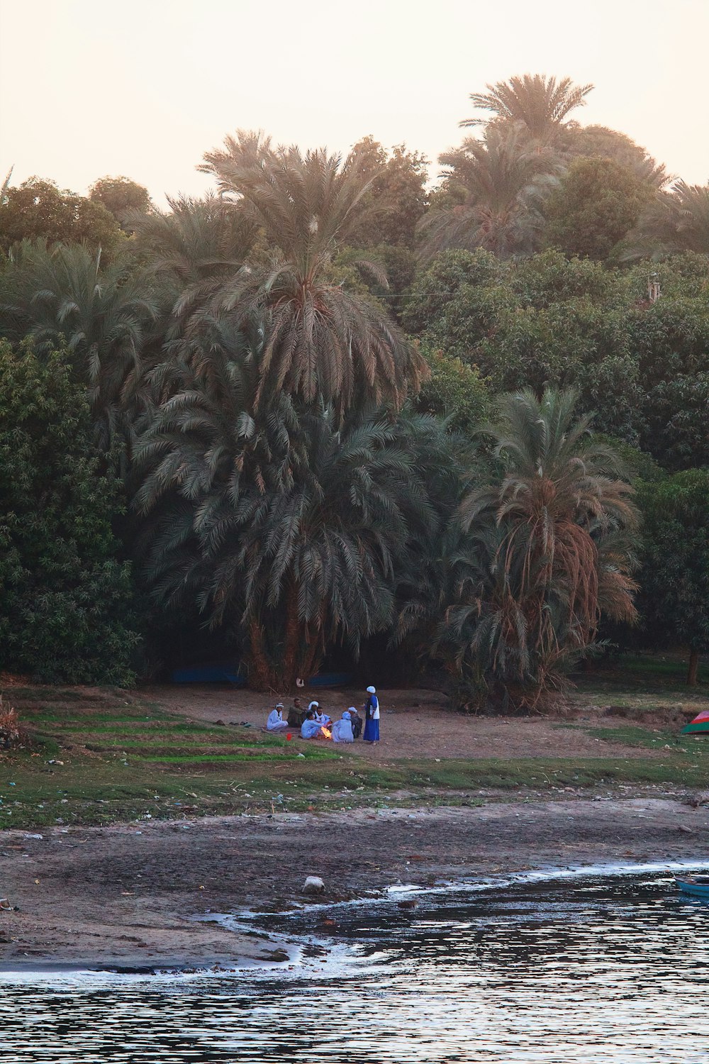 um grupo de pessoas sentadas em uma praia ao lado de um corpo d'água