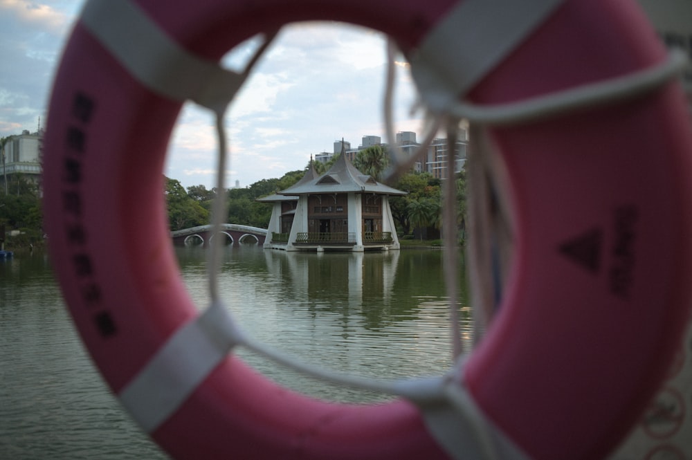 a pink life preserver in front of a body of water