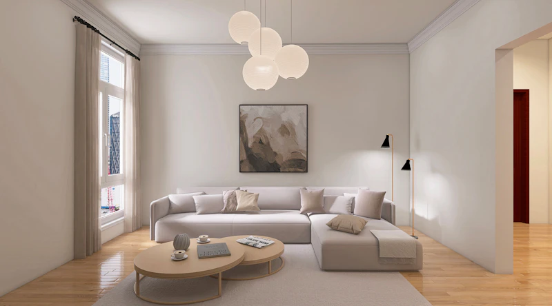 Minimalist living room with a large gray sofa