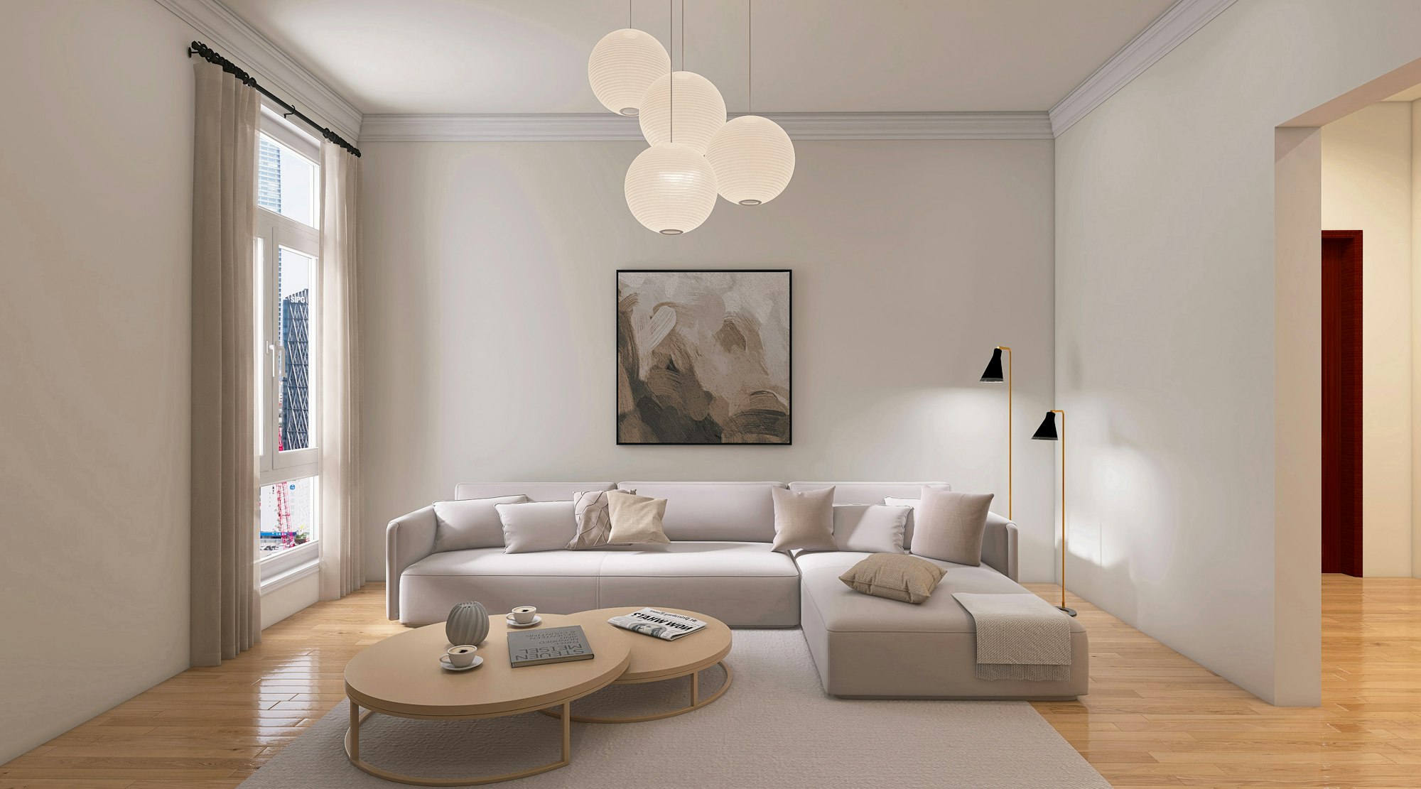 Sala de estar clara com sofá curvo e luminárias pendentes