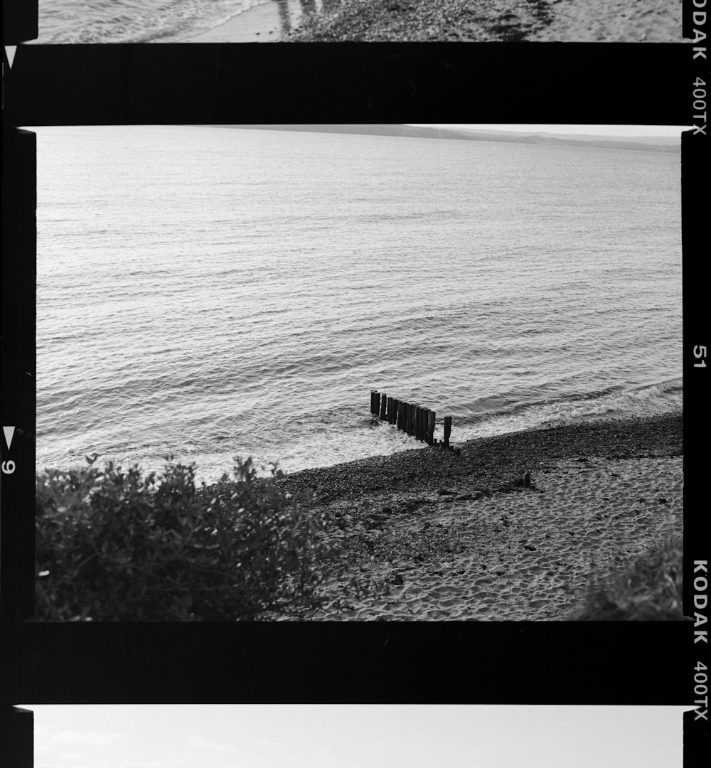 a black and white photo of a bench on the beach