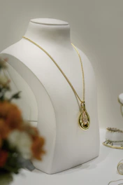 a white mannequin with a gold necklace on it