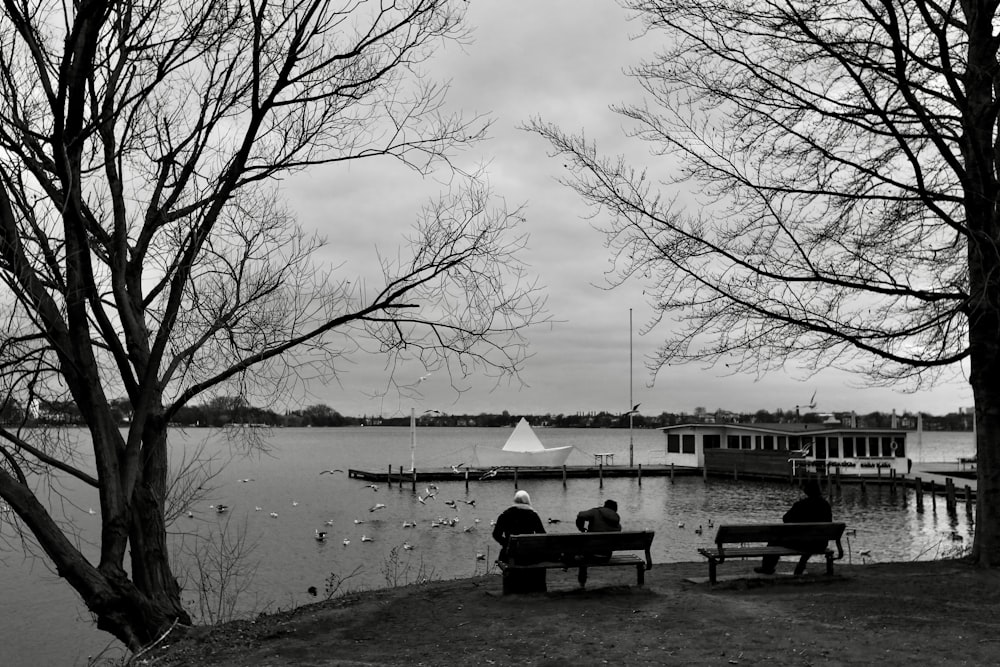 a couple of people sitting on top of a bench near a lake