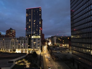 a view of a city at night from the top of a building