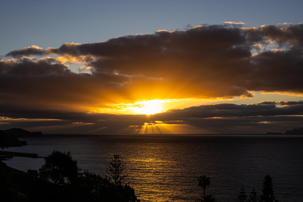 the sun is setting over the ocean on a cloudy day