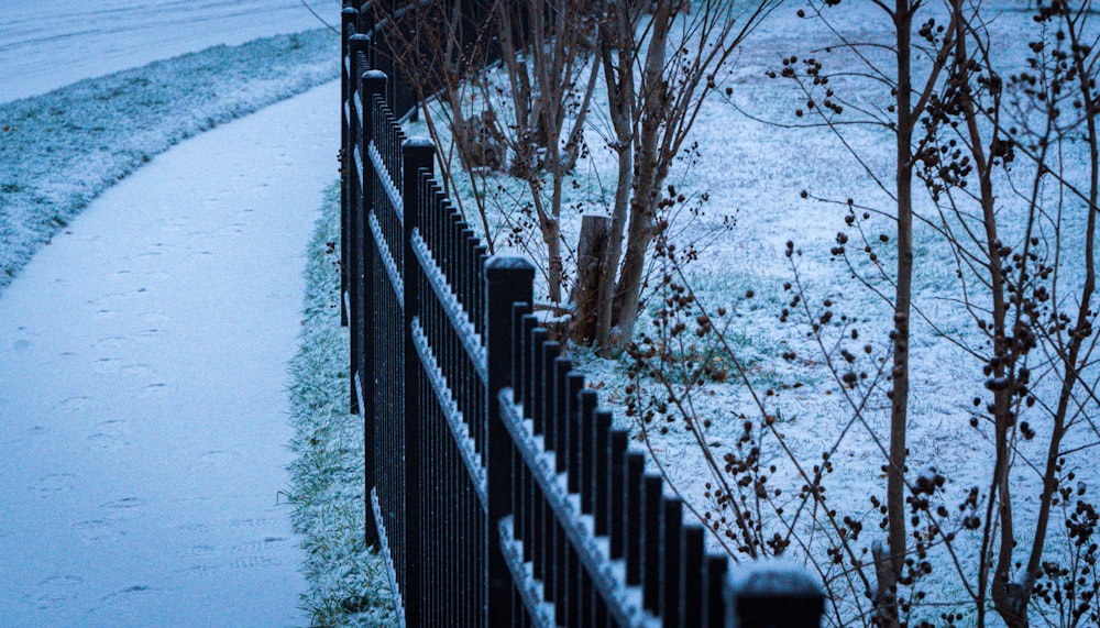 a black fence and some trees and snow