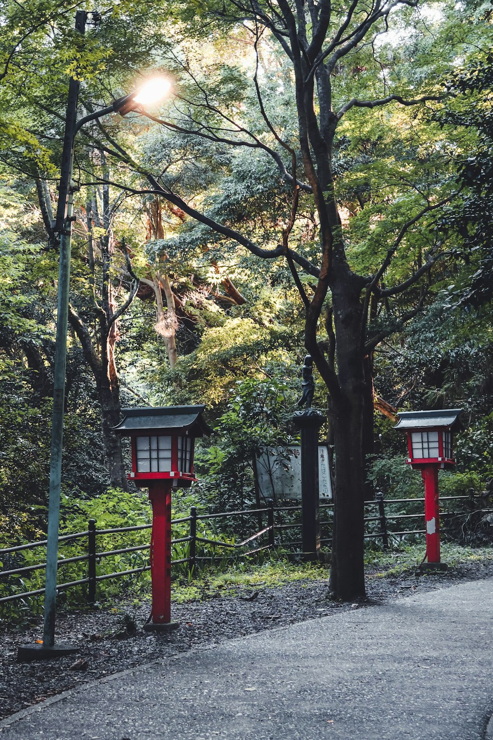 a couple of red lanterns sitting in the middle of a forest