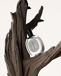 a white and black clock sitting on top of a tree branch