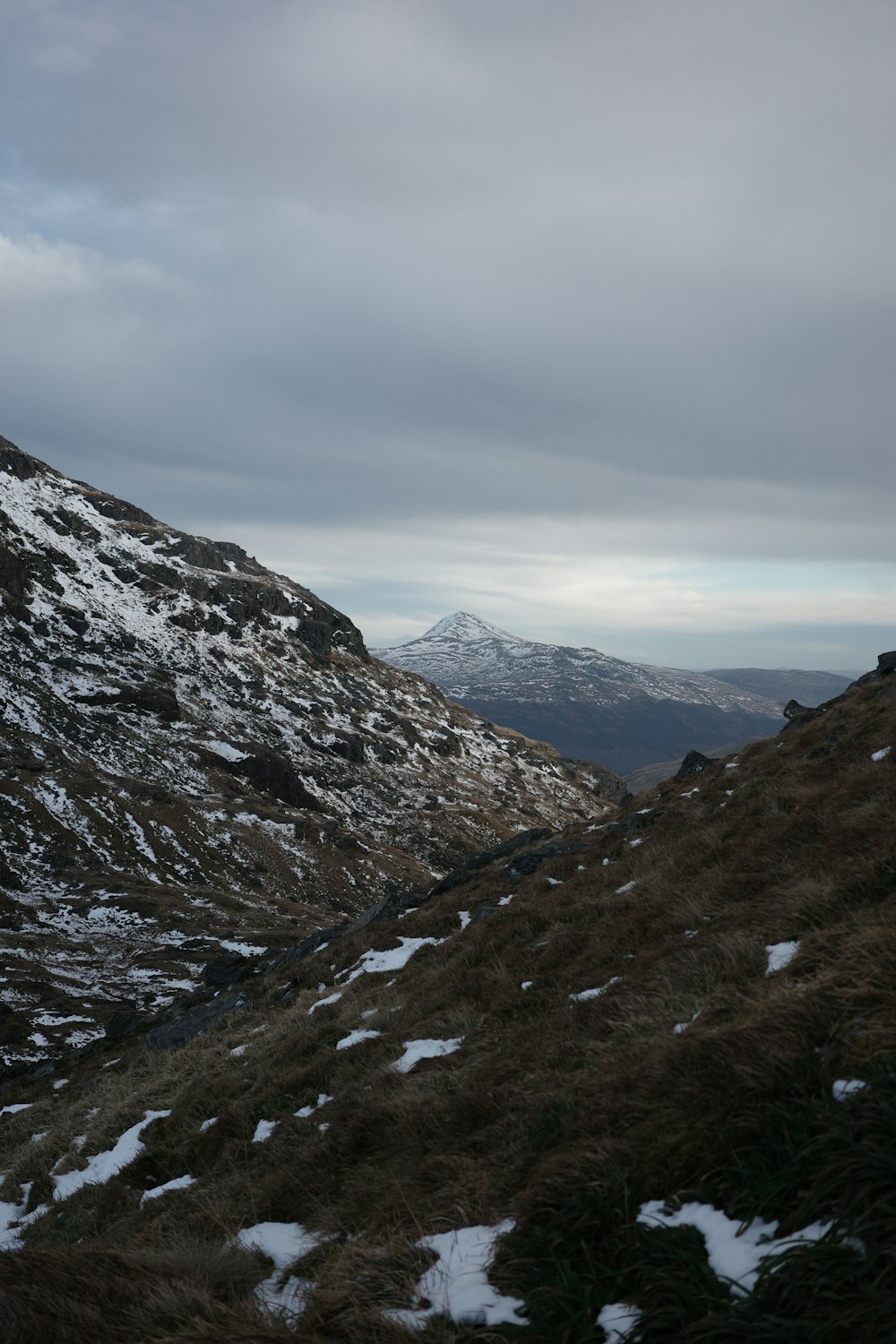 a snow covered mountain with a cloudy sky