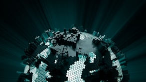 a stylized image of a person standing in front of a globe