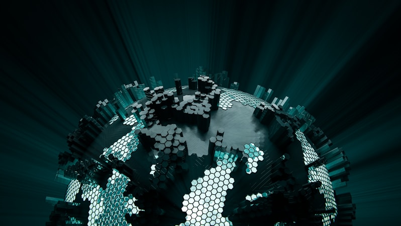 a stylized image of a person standing in front of a globe