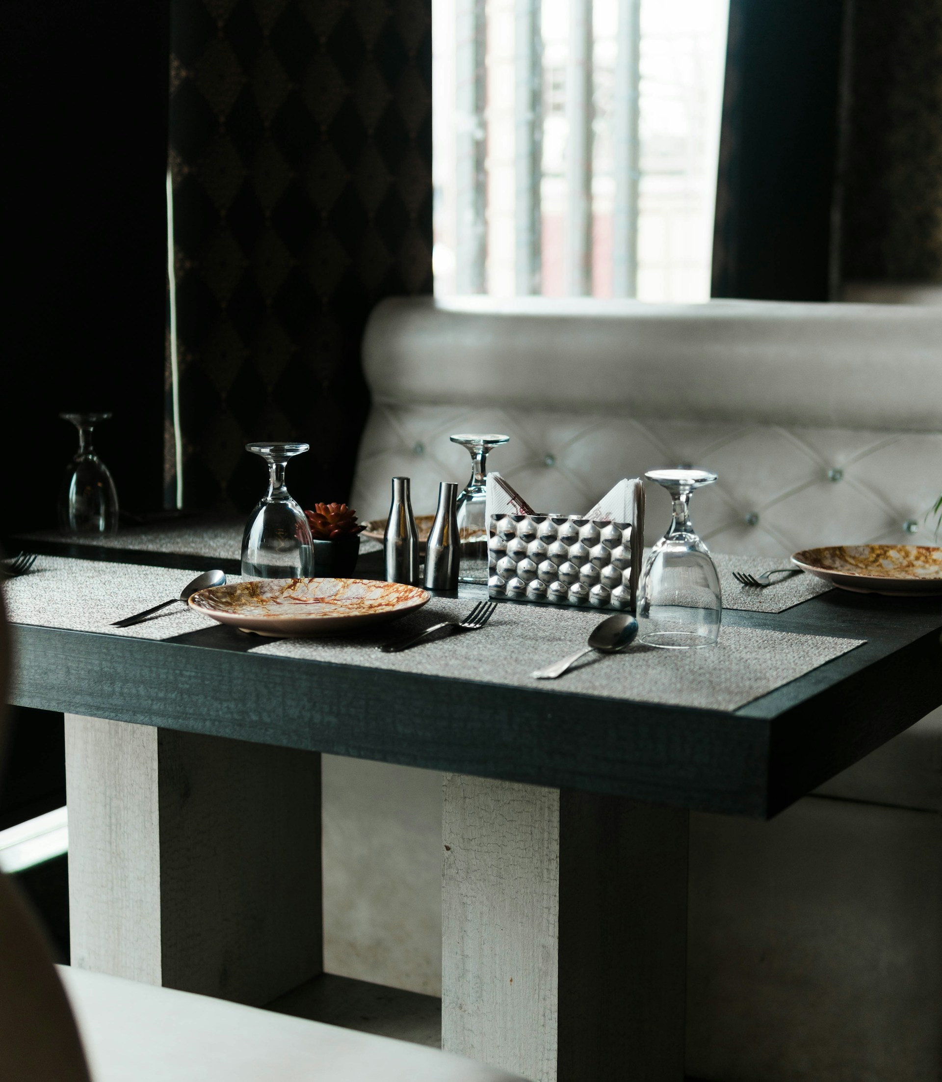 a table with plates of food on it
