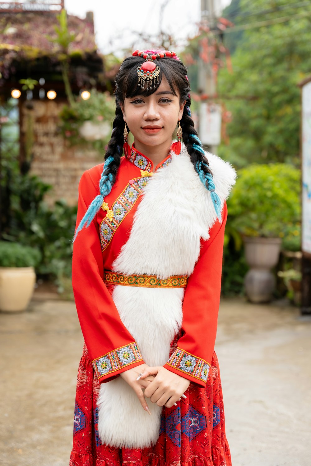 a woman in a red and white costume