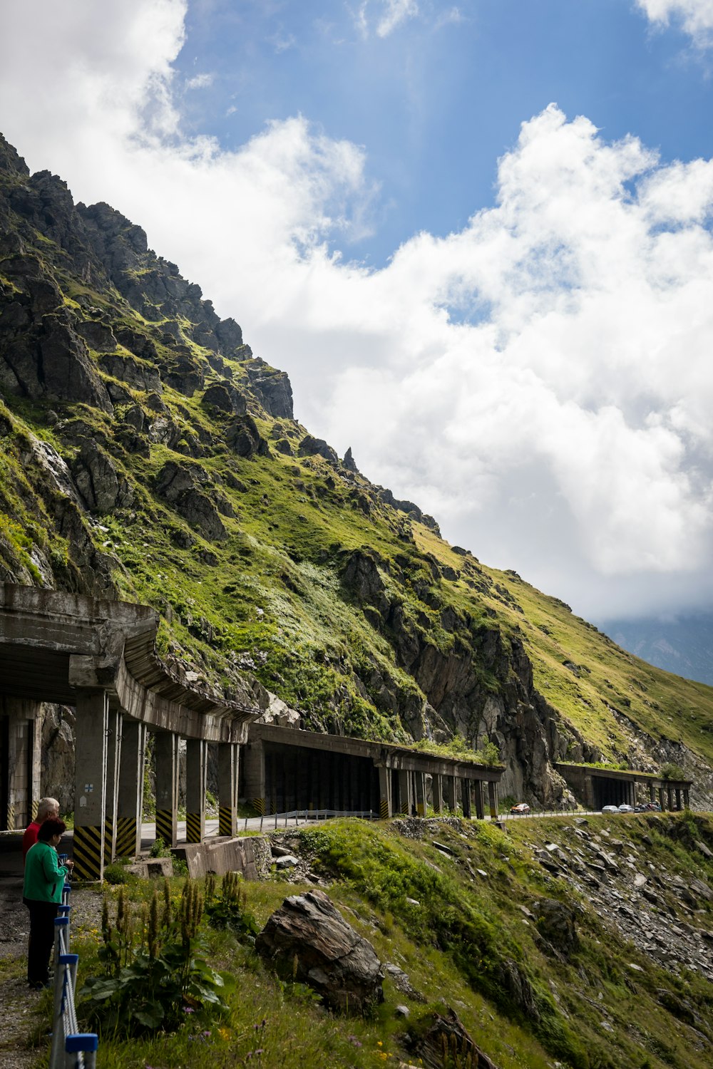 a man standing in front of a green mountain