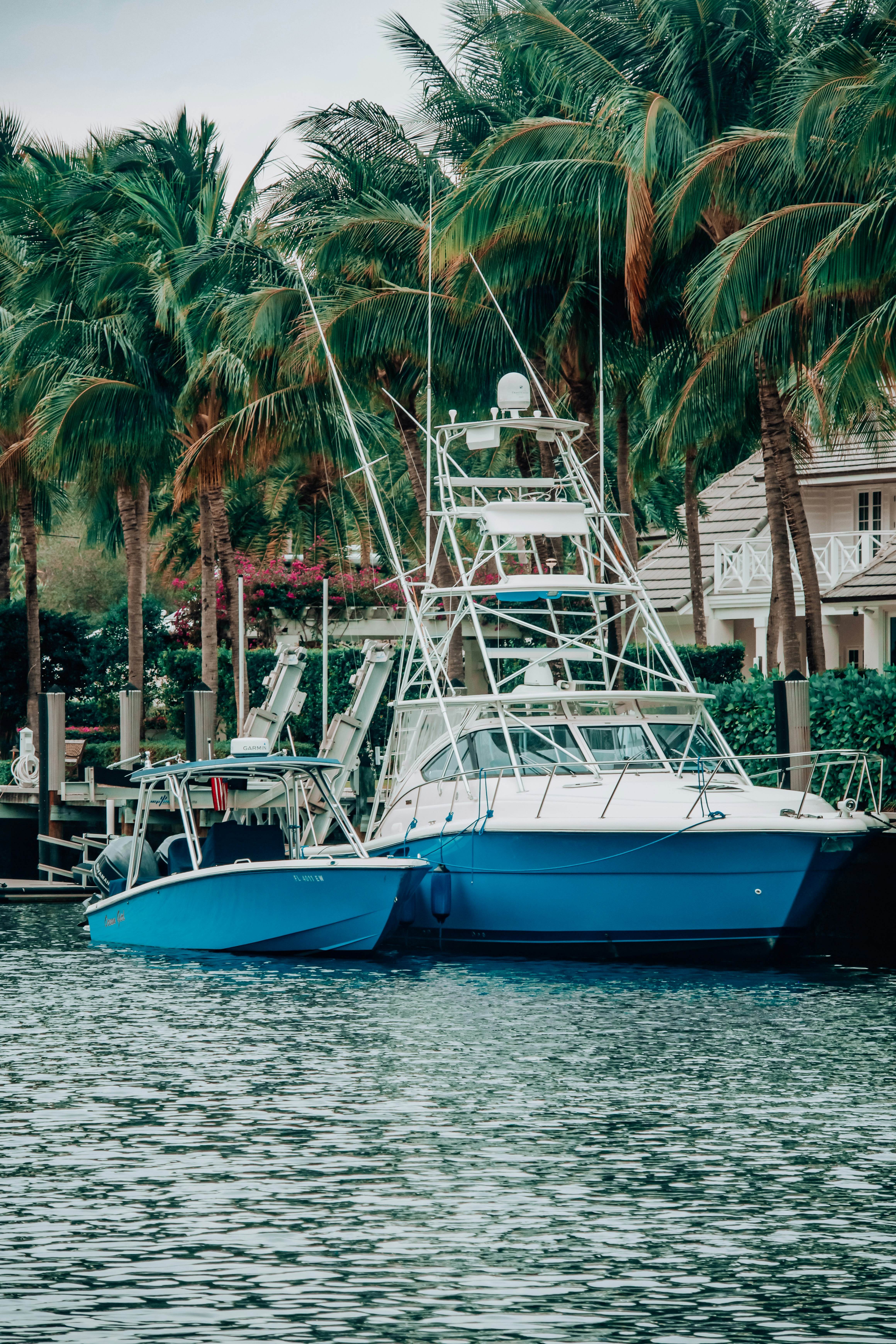 a blue boat sitting in the water next to palm trees