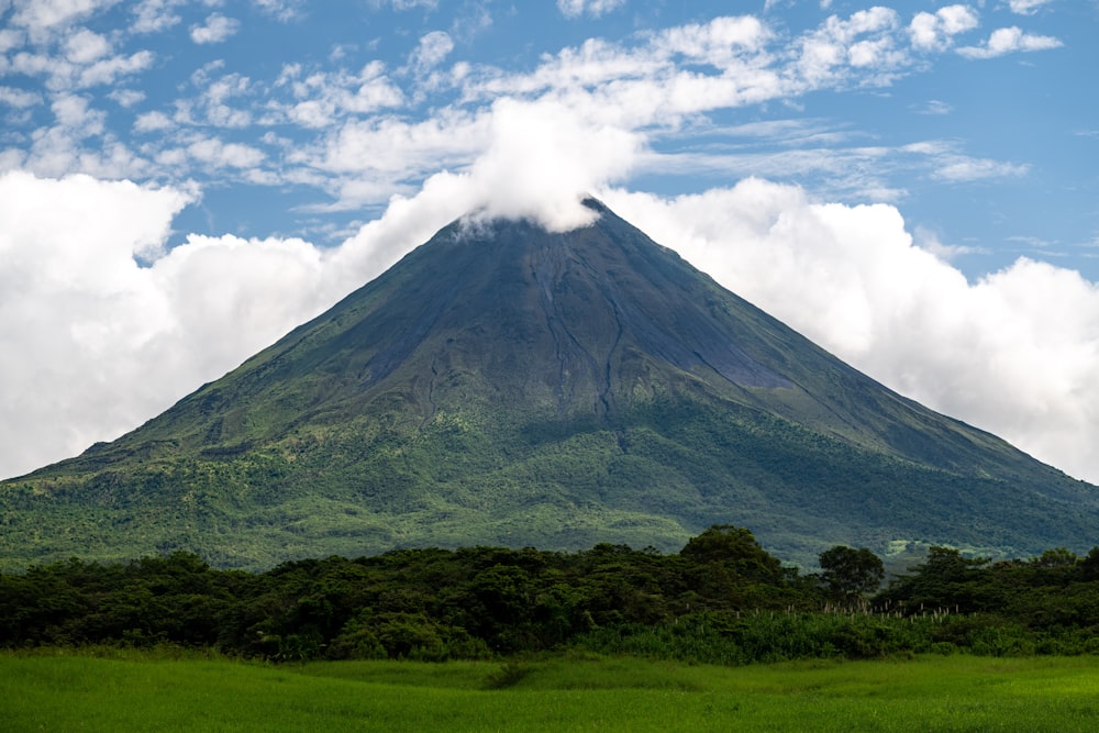 a very tall mountain towering over a lush green field