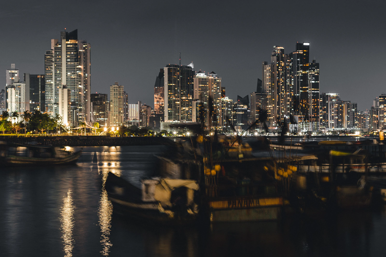 Panama City waterfront skyline at night