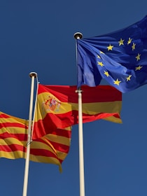 a group of flags flying in the air next to each other