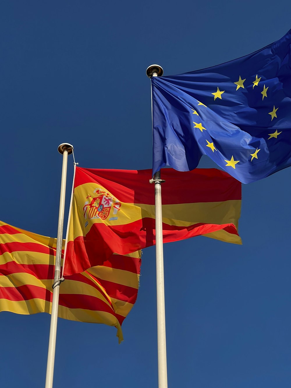 a group of flags flying in the air next to each other