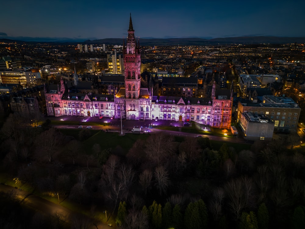 an aerial view of a city at night