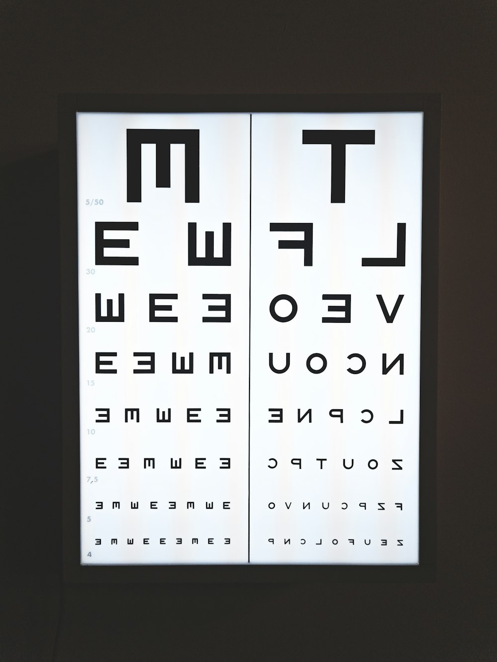 a close up of an eye chart on a wall