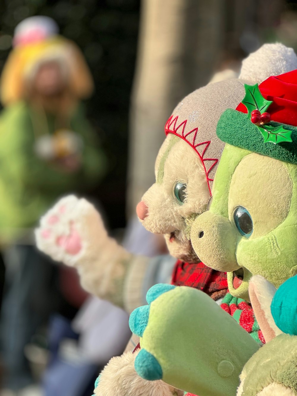 a couple of stuffed animals sitting next to each other