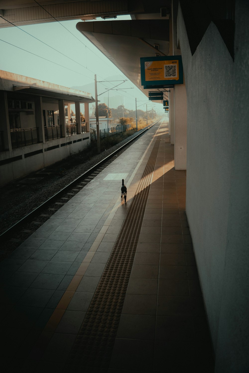 a person walking down a train track next to a train station