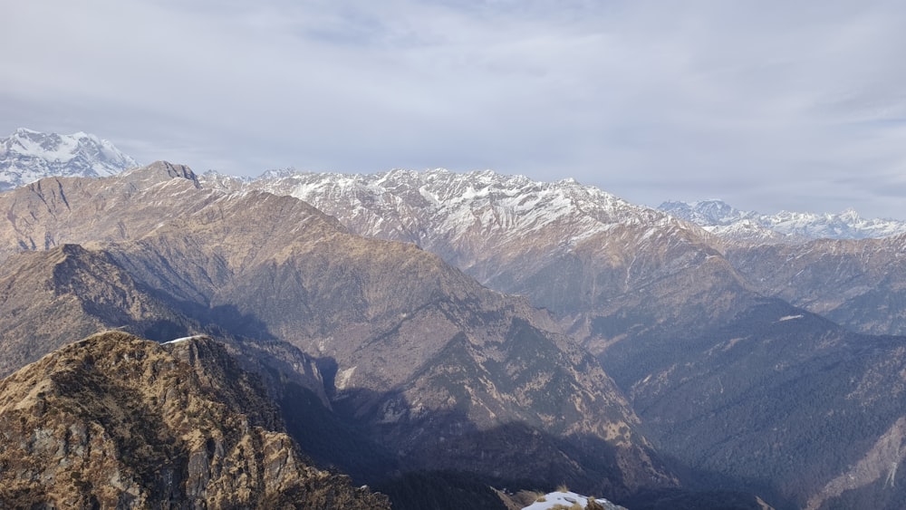 a mountain range with snow covered mountains in the background