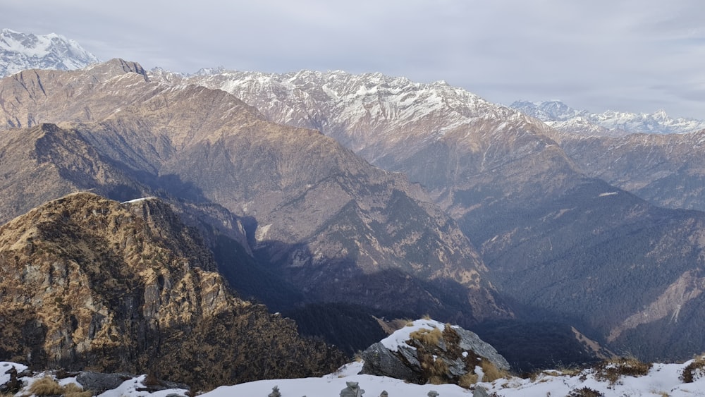 a view of a mountain range covered in snow