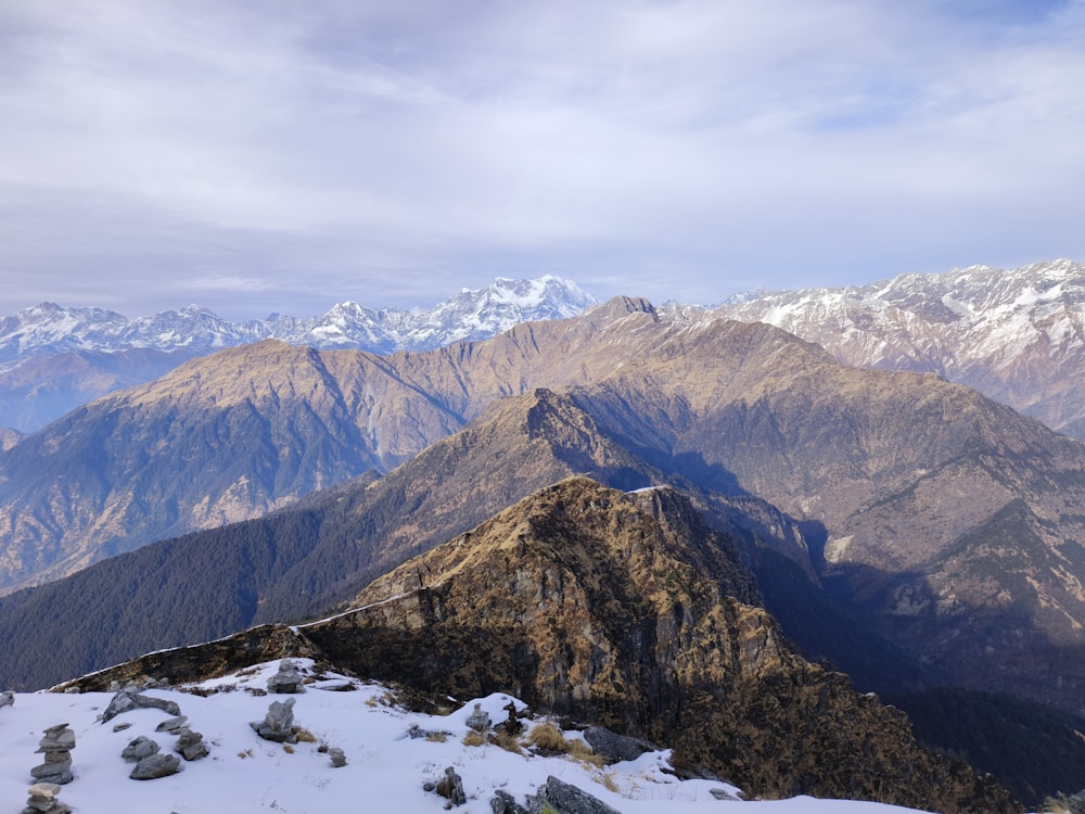 a view of a mountain range covered in snow