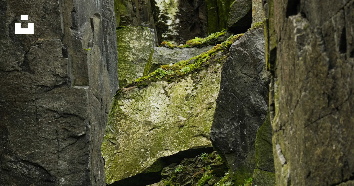 A narrow passage between two rocks with moss growing on them photo ...