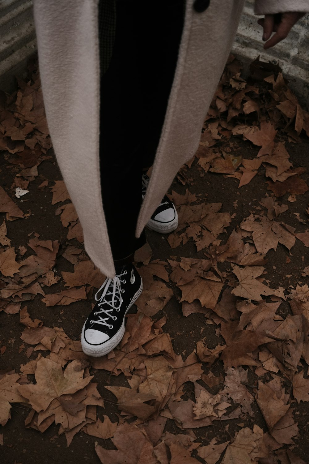 a person standing on a pile of leaves