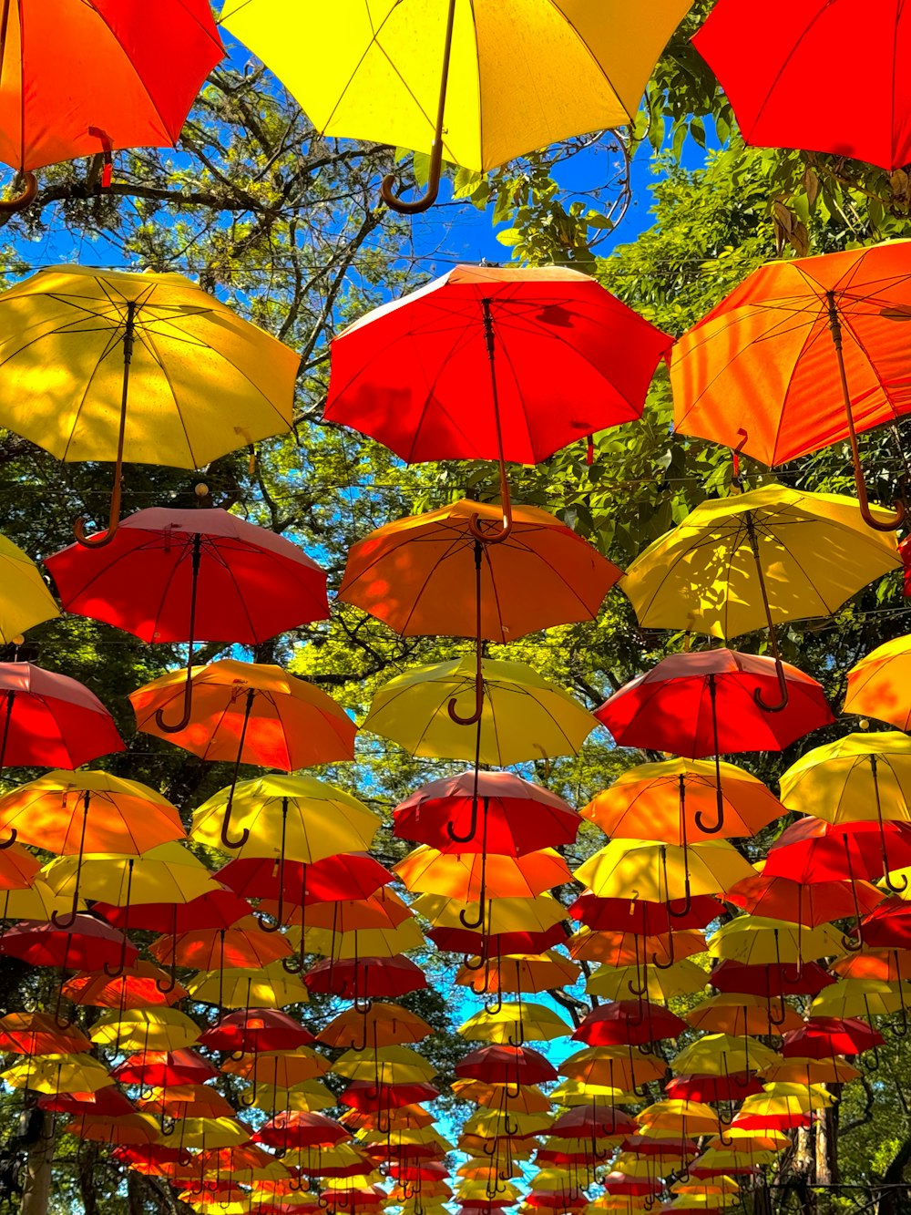 a bunch of umbrellas that are hanging in the air