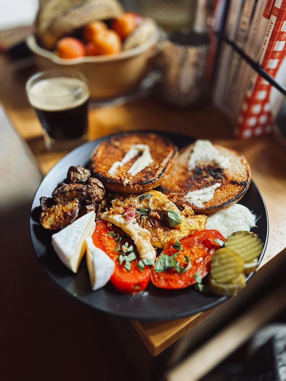 a plate of food on a wooden table