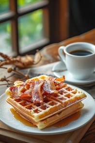 a plate of waffles with bacon and syrup