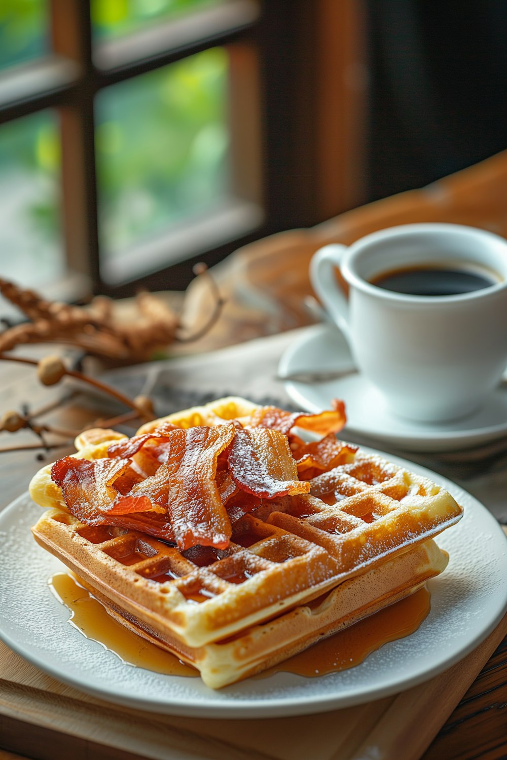 a plate of waffles with bacon and syrup