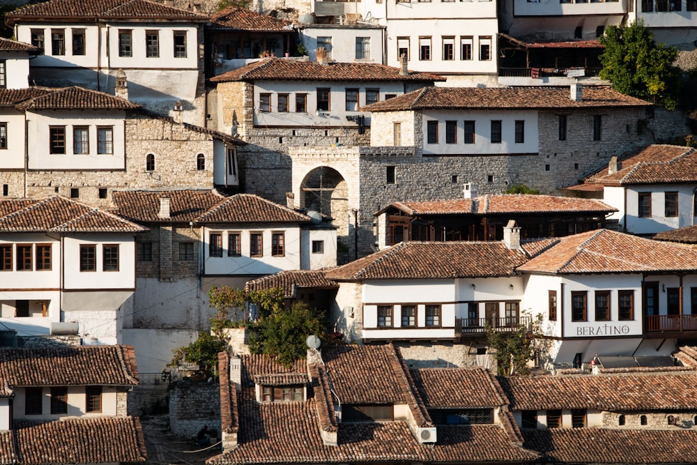 a large group of buildings with brown roofs