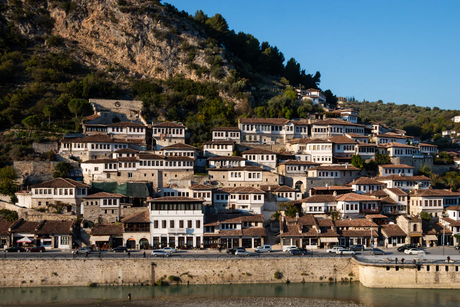 White Ottoman houses cascading down the hillside in Berat, Albania