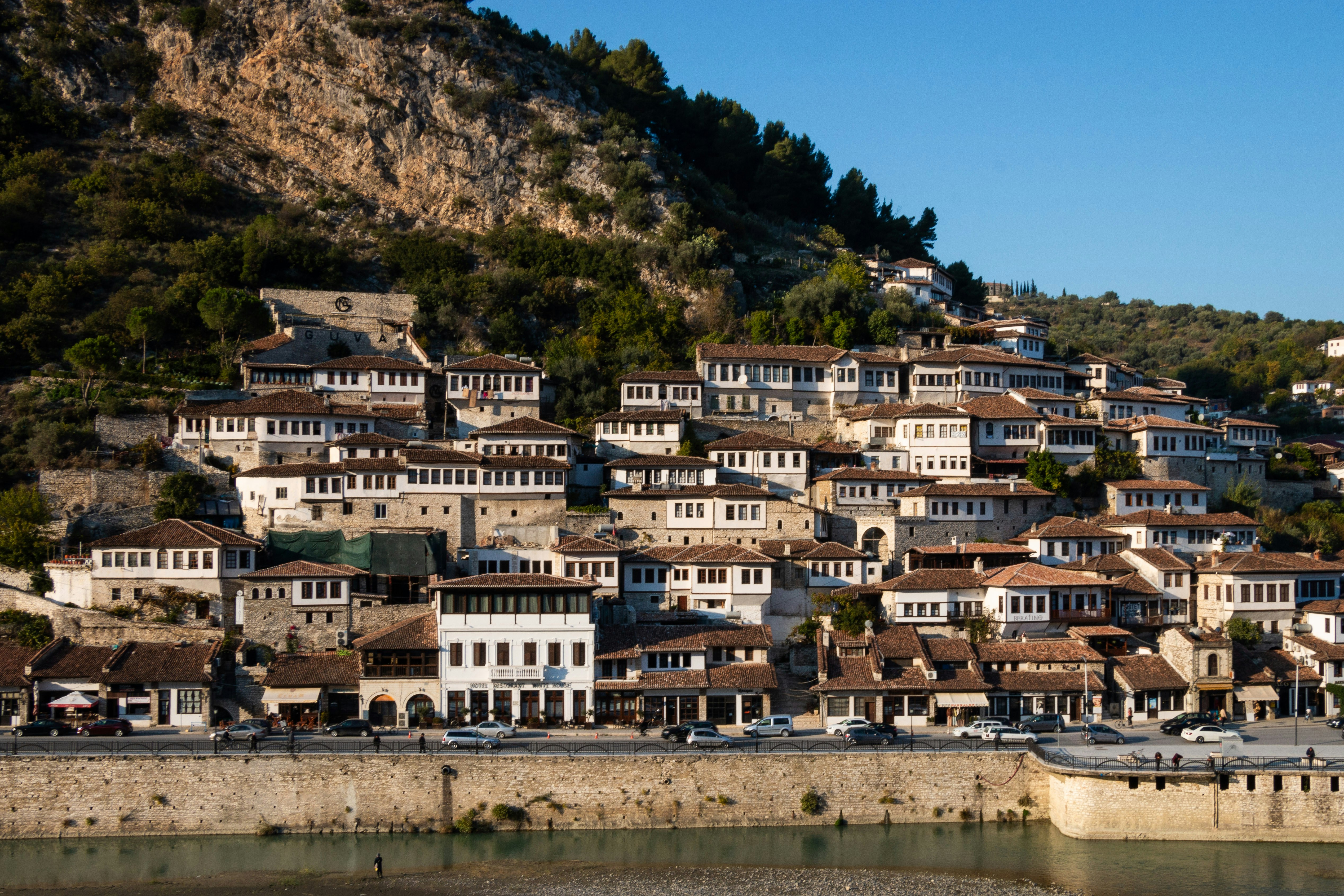 View of Berat with historic buildings and numerous windows