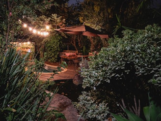 a patio with tables and umbrellas lit up at night by solar lighting