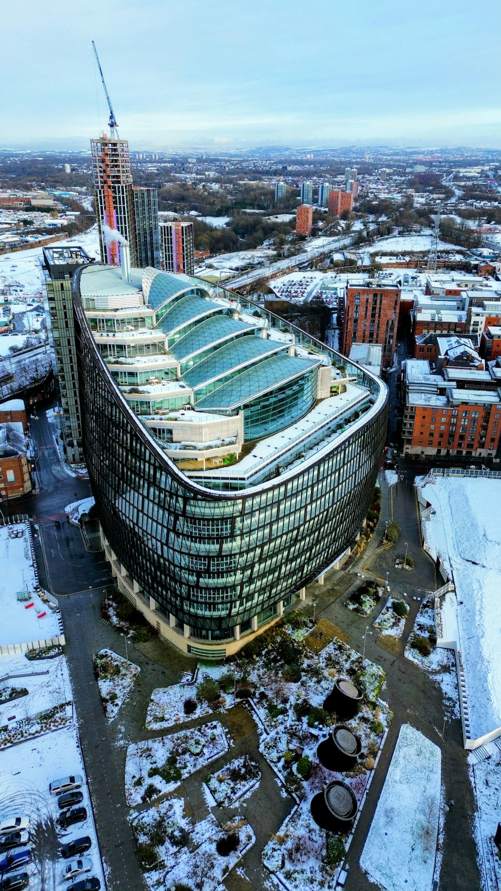 an aerial view of a building in a city