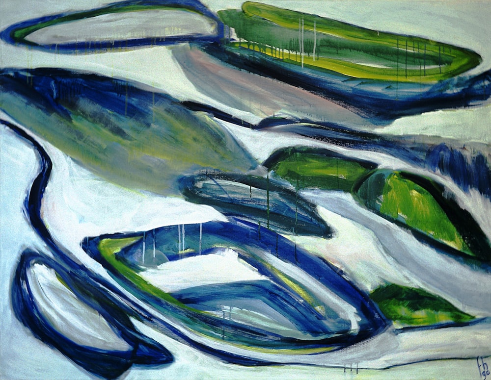 a painting of green and blue shapes on a white background