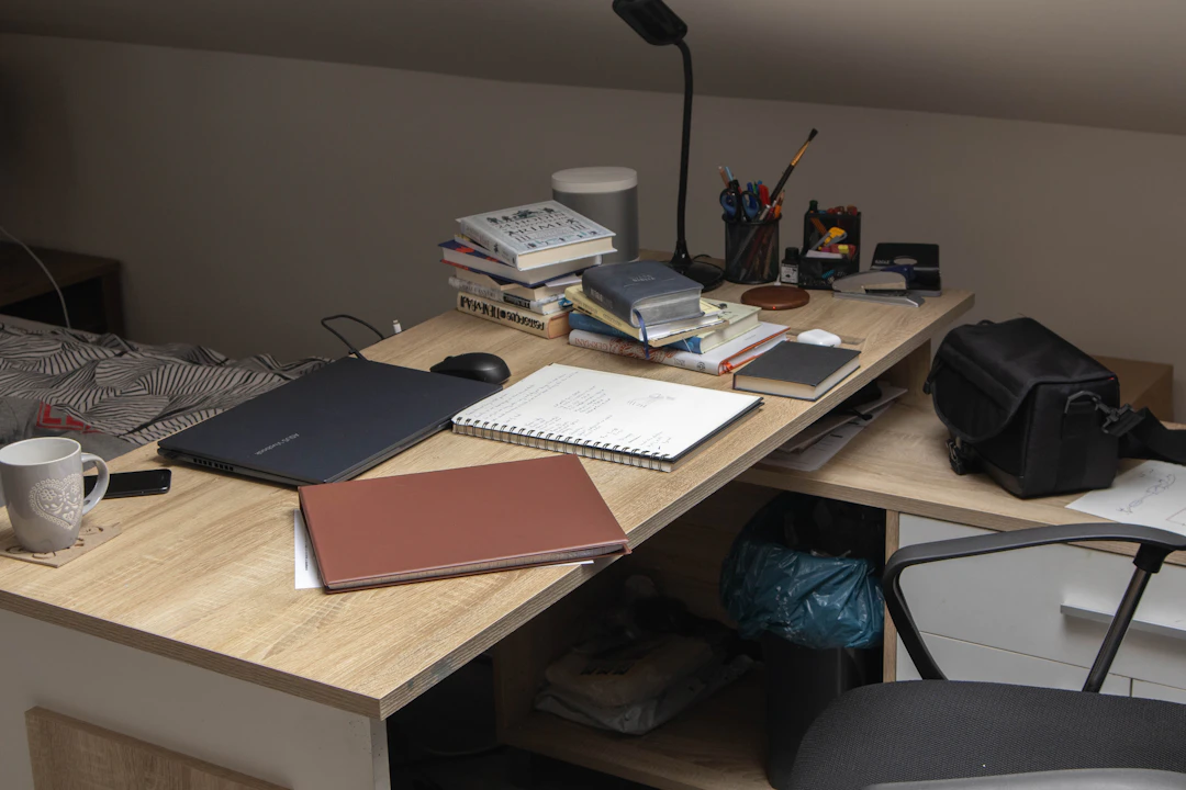 Organised student study desk for homework