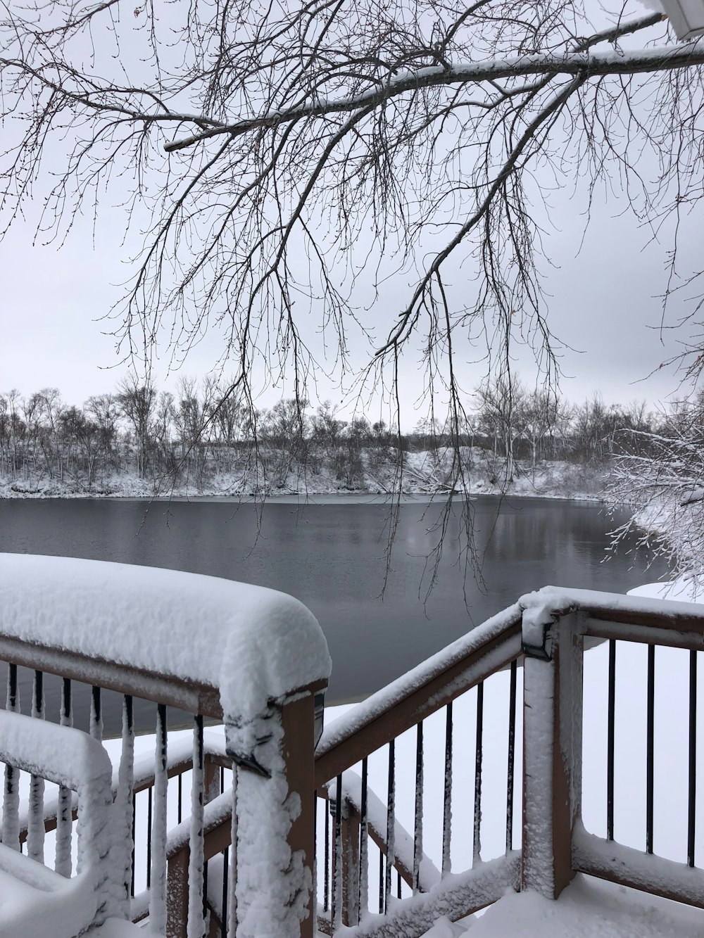 Ein verschneiter Blick auf einen See von einer Terrasse aus